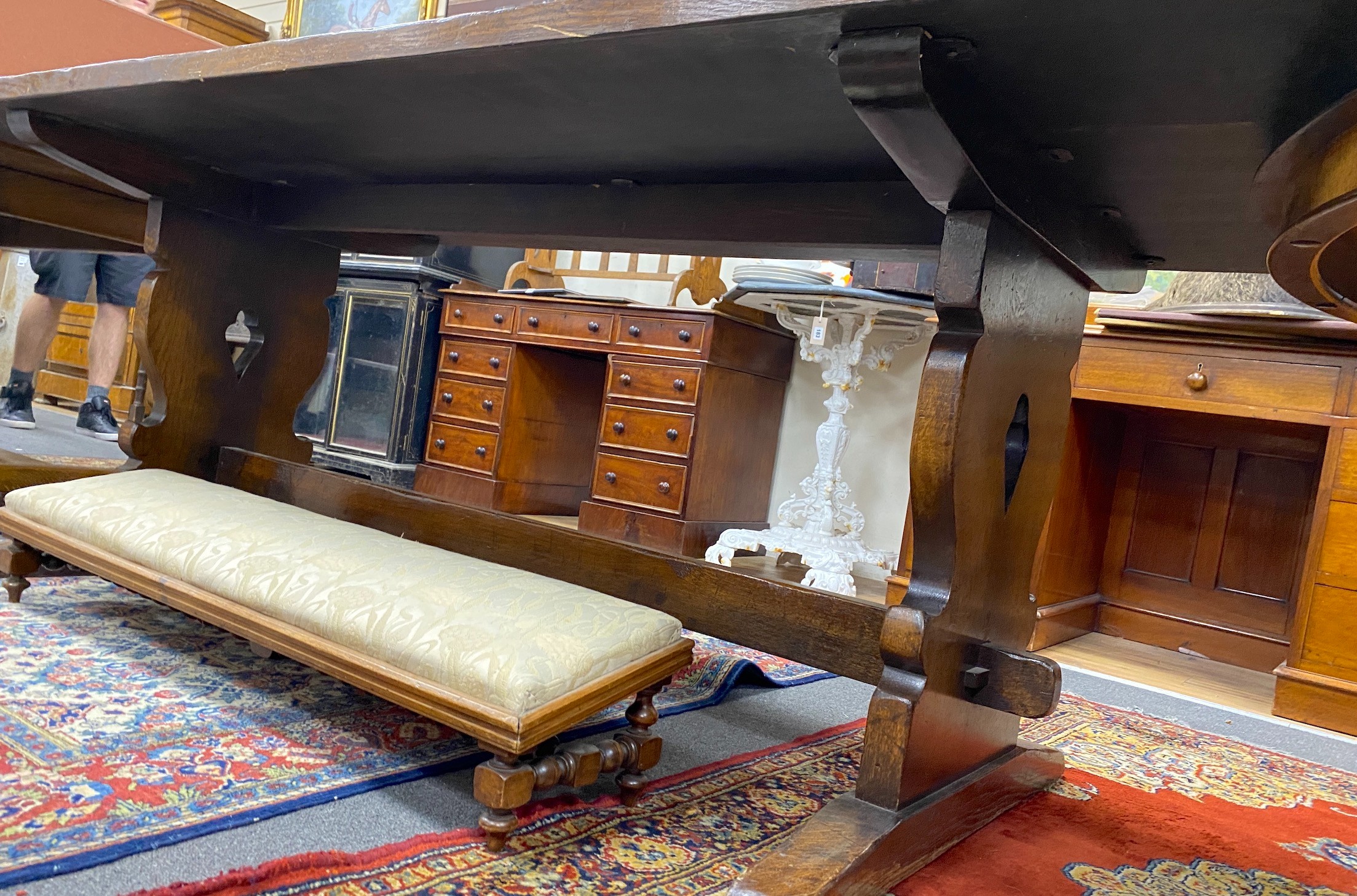 An 18th century style rectangular oak refectory dining table, length 213cm, width 91cm, height 76cm